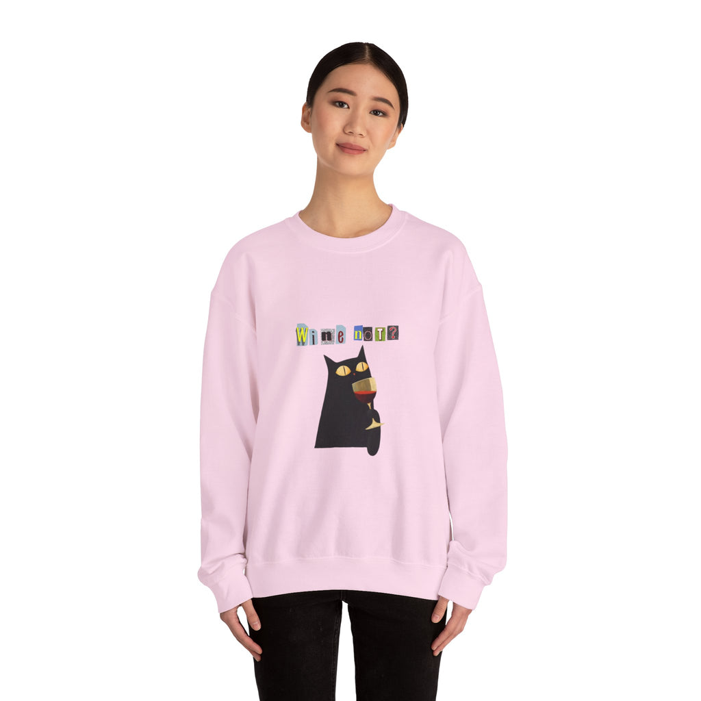Black Cat Holding Wine Glass Crewneck Sweatshirt | Cute Cat Illustration