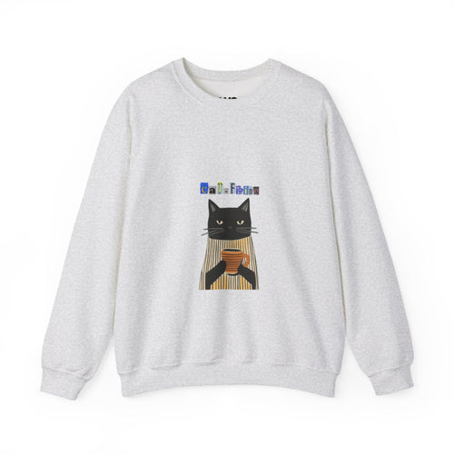 Black Cat Holding Coffee Crewneck Sweatshirt | Cozy Cat Illustration