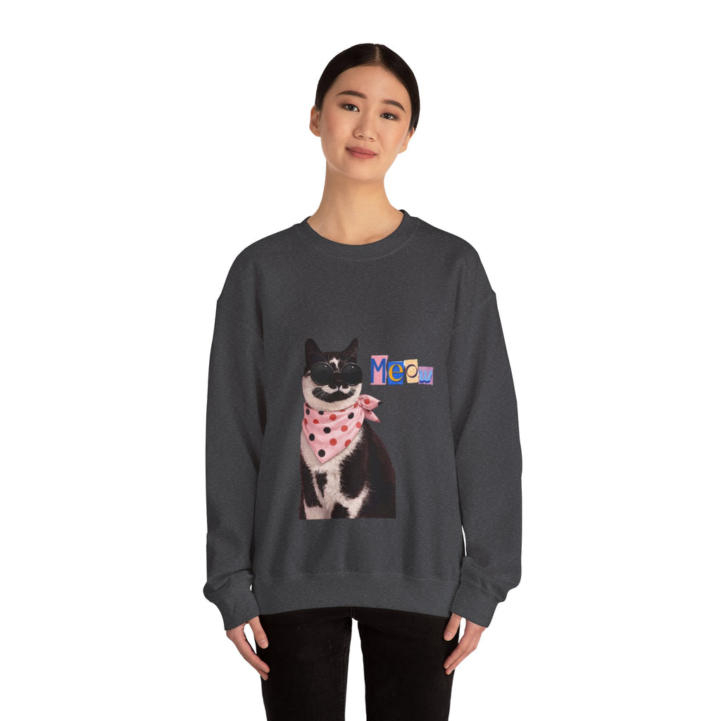 Cute Black Cat with Polka Dot Bandana Sweatshirt | 'Meow' Graphic