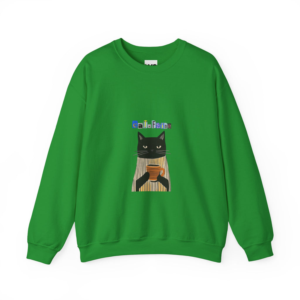Black Cat Holding Coffee Crewneck Sweatshirt | Cozy Cat Illustration