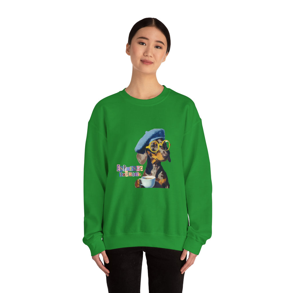 Dachshund in Beret and Sunglasses Sweatshirt | Espresso & Mornings Design