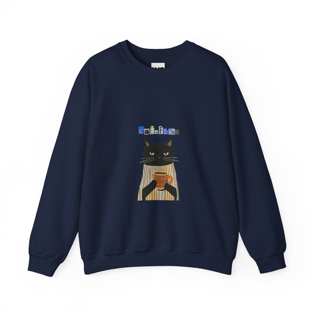 Black Cat Holding Coffee Crewneck Sweatshirt | Cozy Cat Illustration