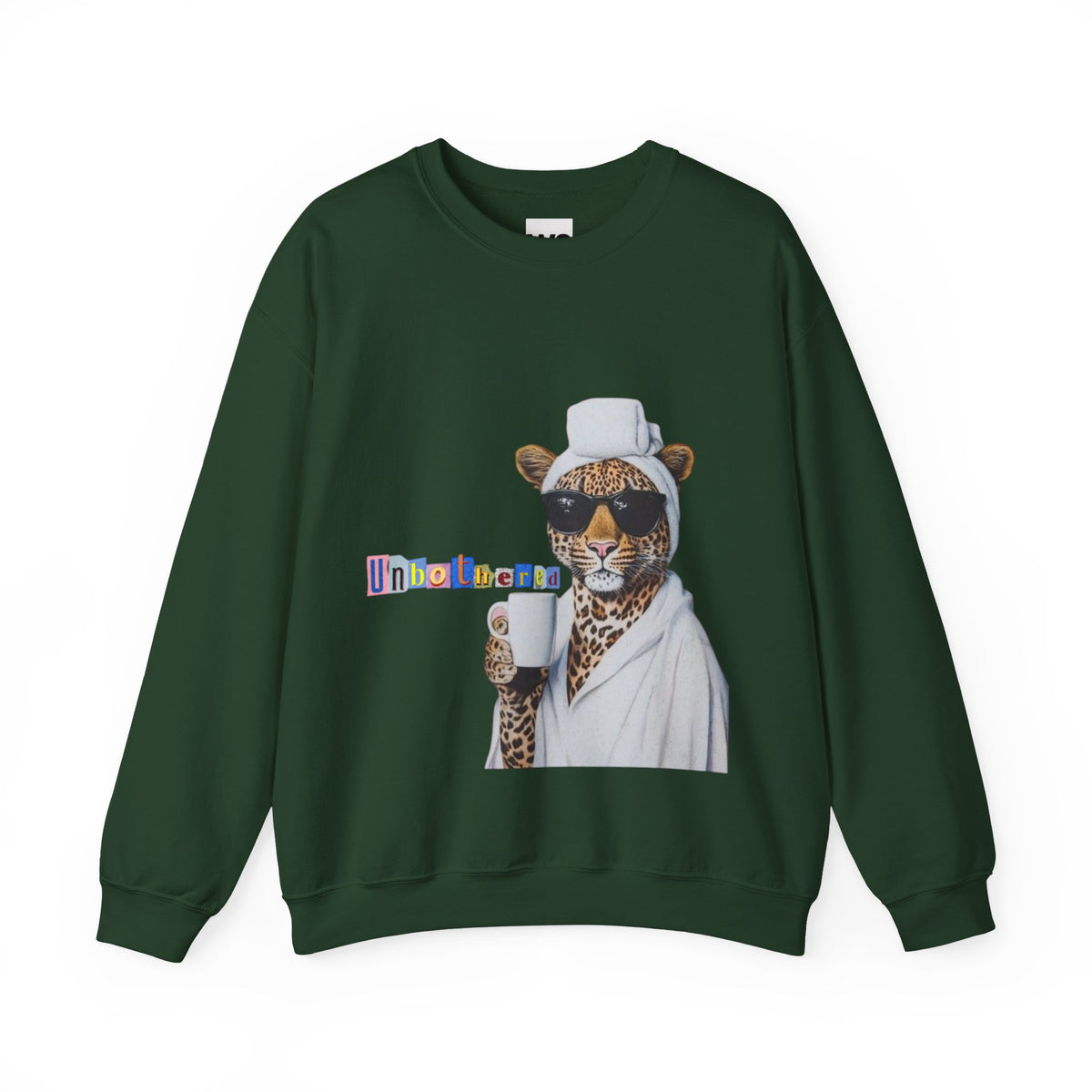 Leopard Spa Lounge with Coffee Crewneck Sweatshirt | Relaxed Animal Illustration