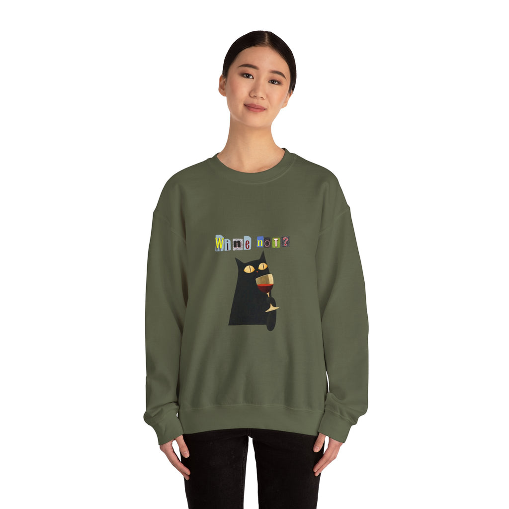 Black Cat Holding Wine Glass Crewneck Sweatshirt | Cute Cat Illustration