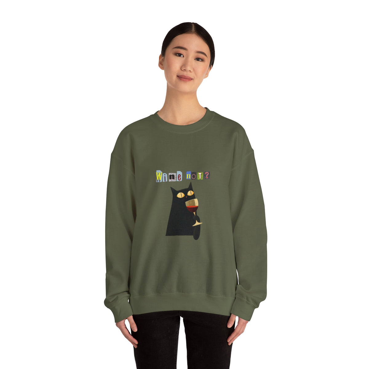Black Cat Holding Wine Glass Crewneck Sweatshirt | Cute Cat Illustration