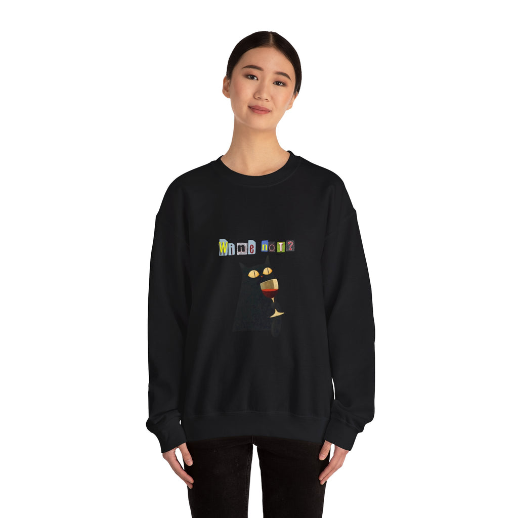 Black Cat Holding Wine Glass Crewneck Sweatshirt | Cute Cat Illustration