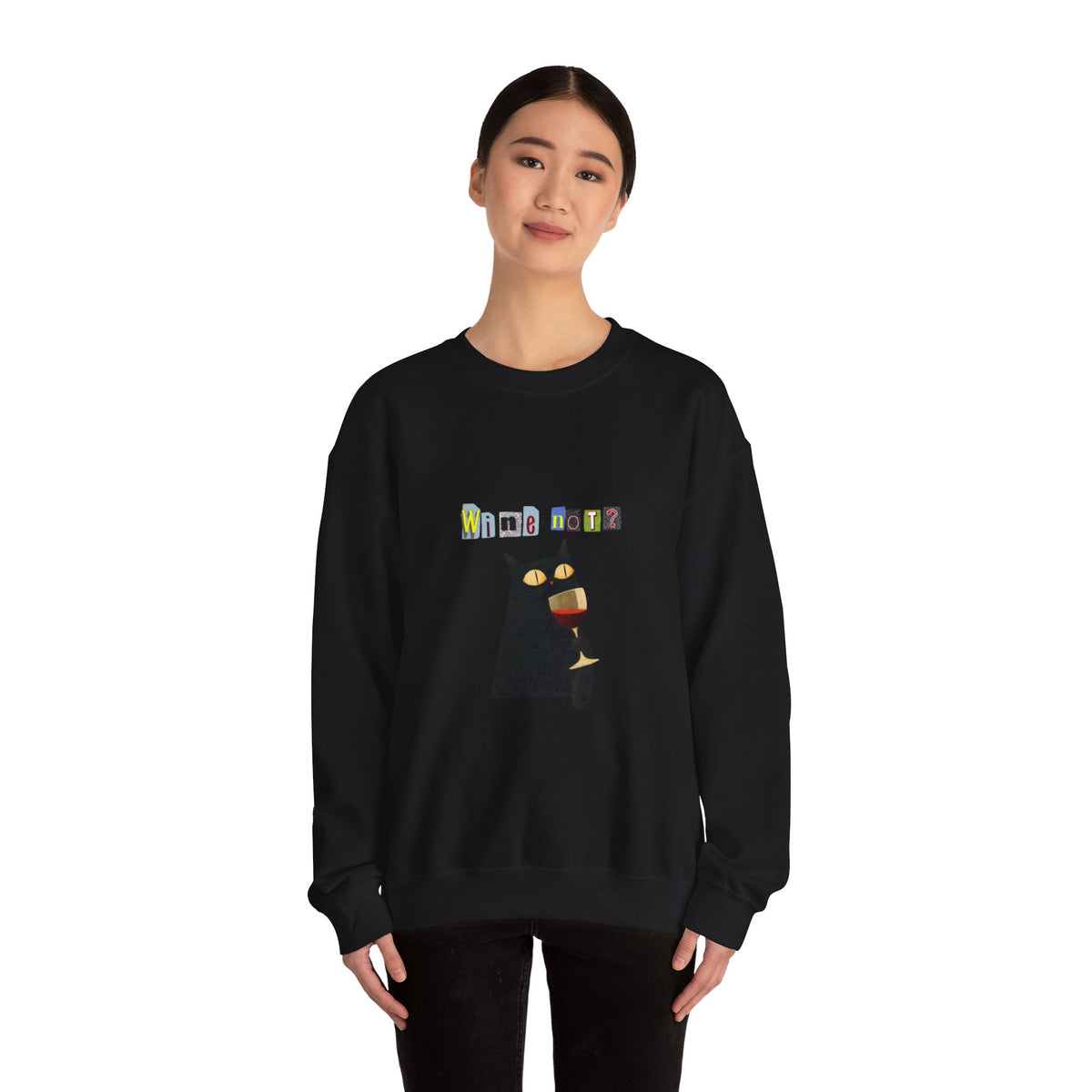 Black Cat Holding Wine Glass Crewneck Sweatshirt | Cute Cat Illustration