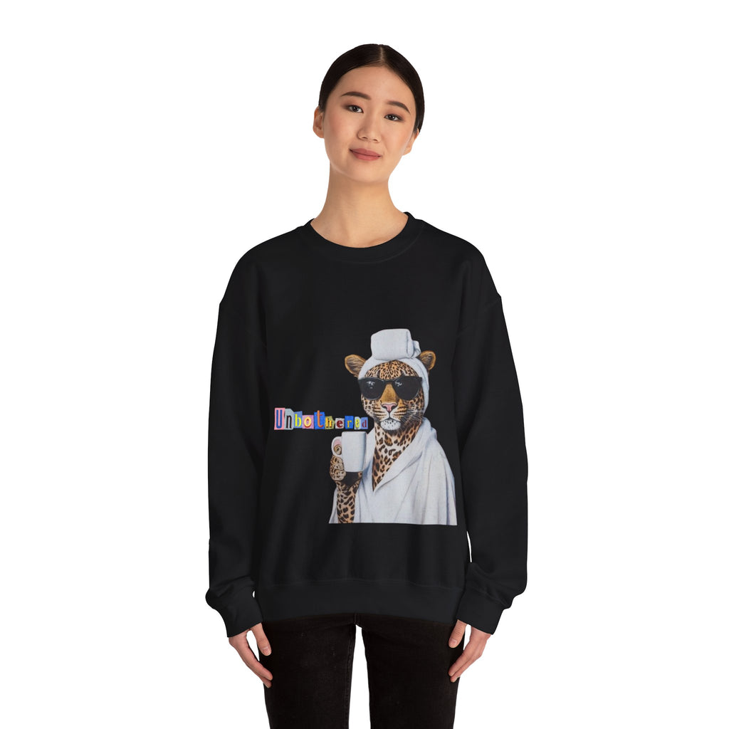 Leopard Spa Lounge with Coffee Crewneck Sweatshirt | Relaxed Animal Illustration