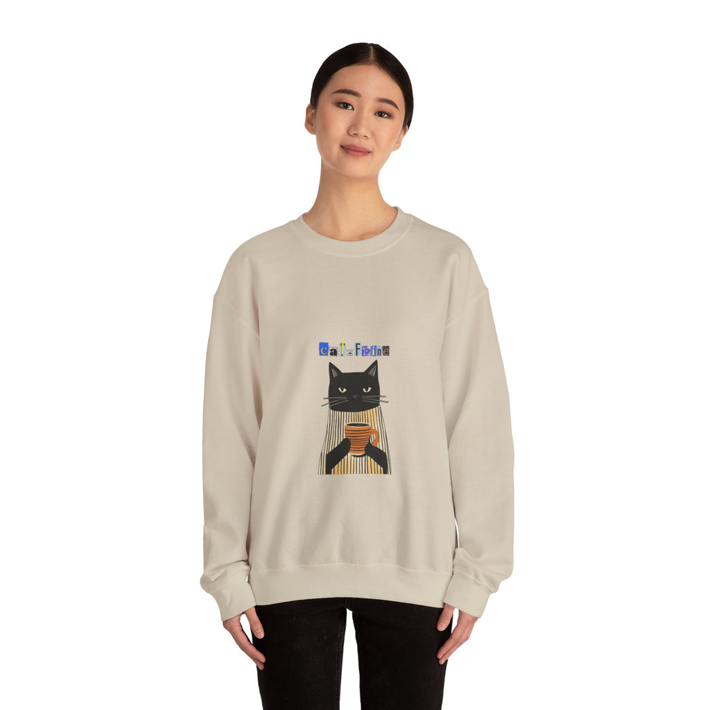 Black Cat Holding Coffee Crewneck Sweatshirt | Cozy Cat Illustration