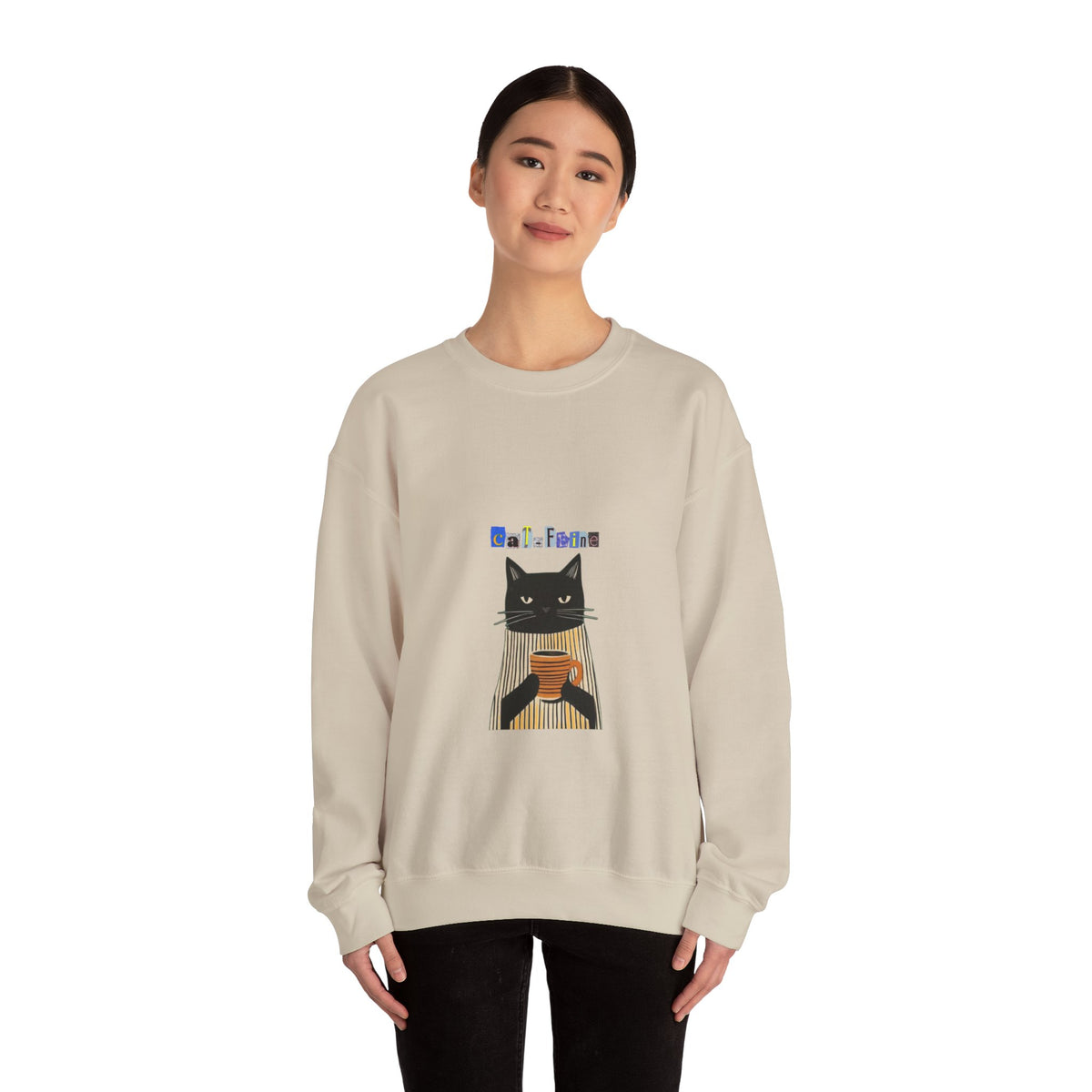 Black Cat Holding Coffee Crewneck Sweatshirt | Cozy Cat Illustration