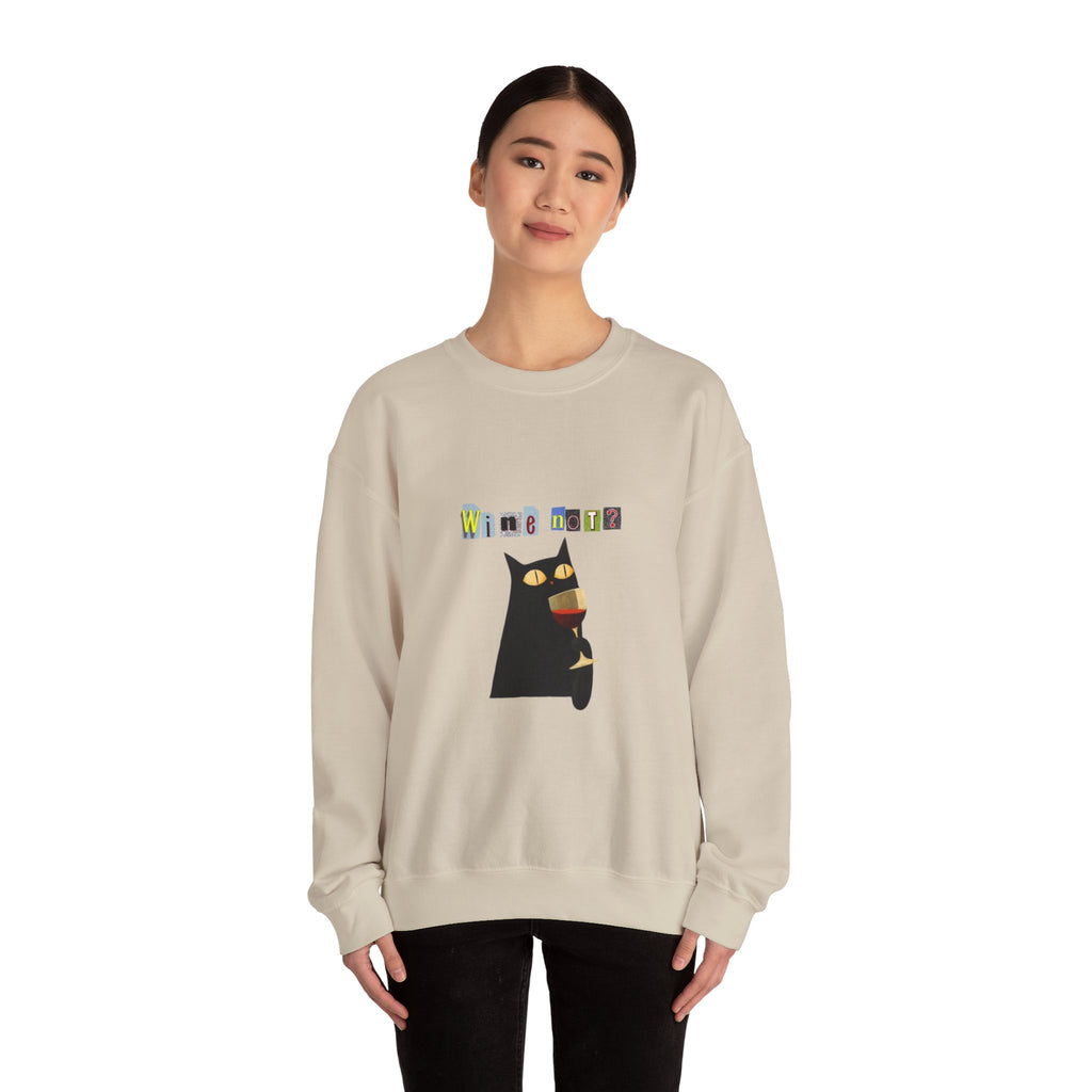 Black Cat Holding Wine Glass Crewneck Sweatshirt | Cute Cat Illustration