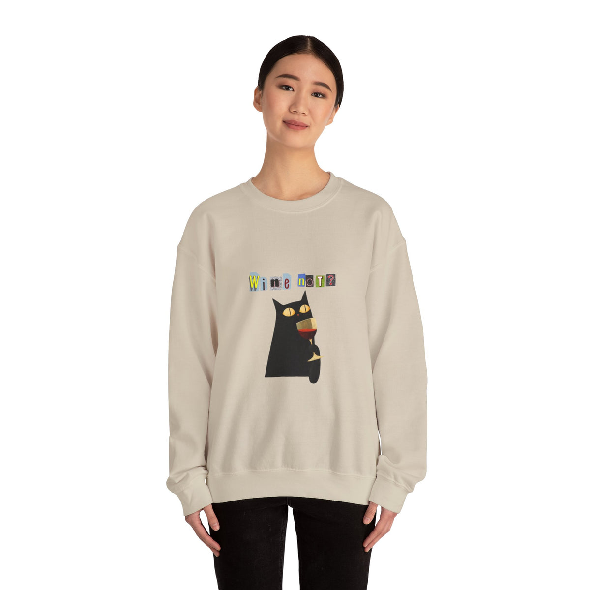Black Cat Holding Wine Glass Crewneck Sweatshirt | Cute Cat Illustration