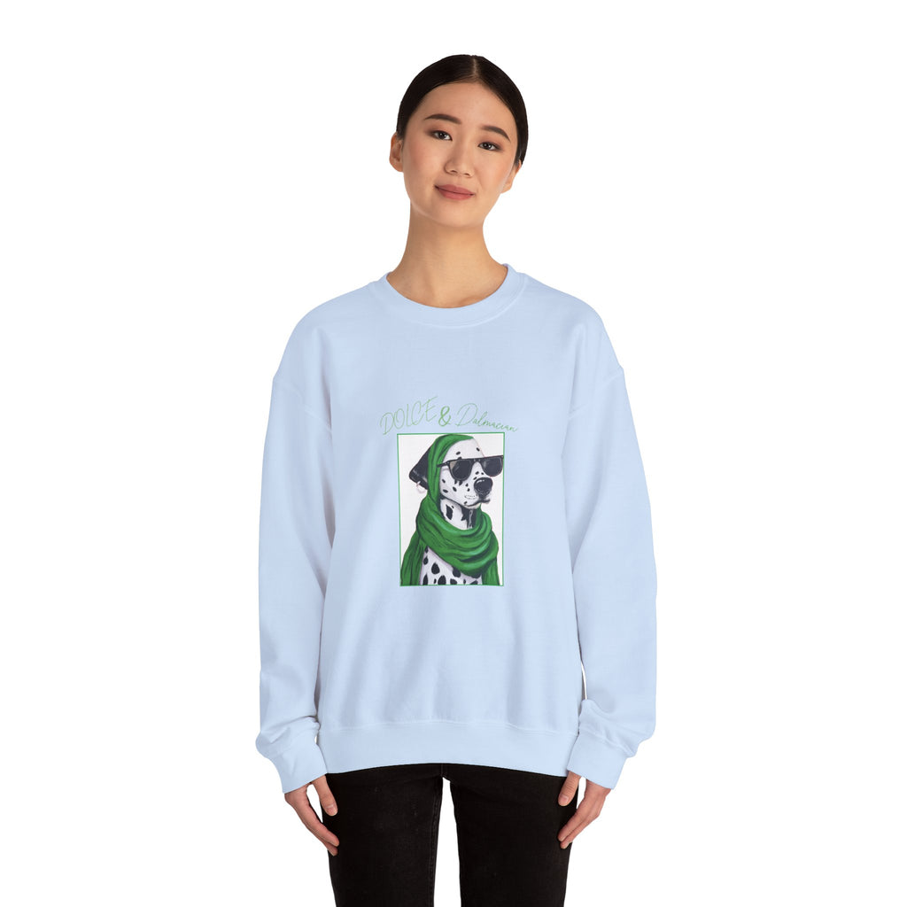 Dalmatian in Green Scarf sweatshirt | Dog Portrait, Winter Cozy