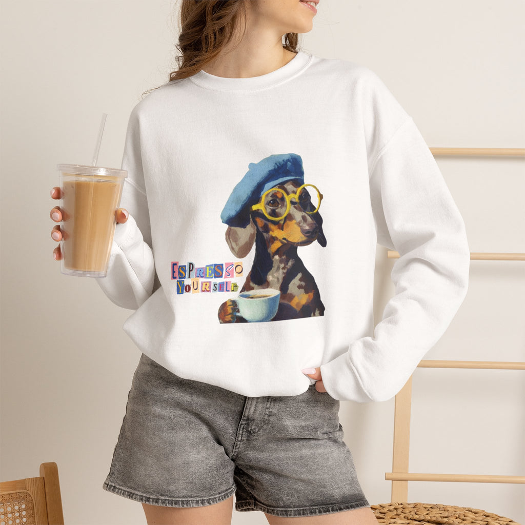 Dachshund in Beret and Sunglasses Sweatshirt | Espresso & Mornings Design