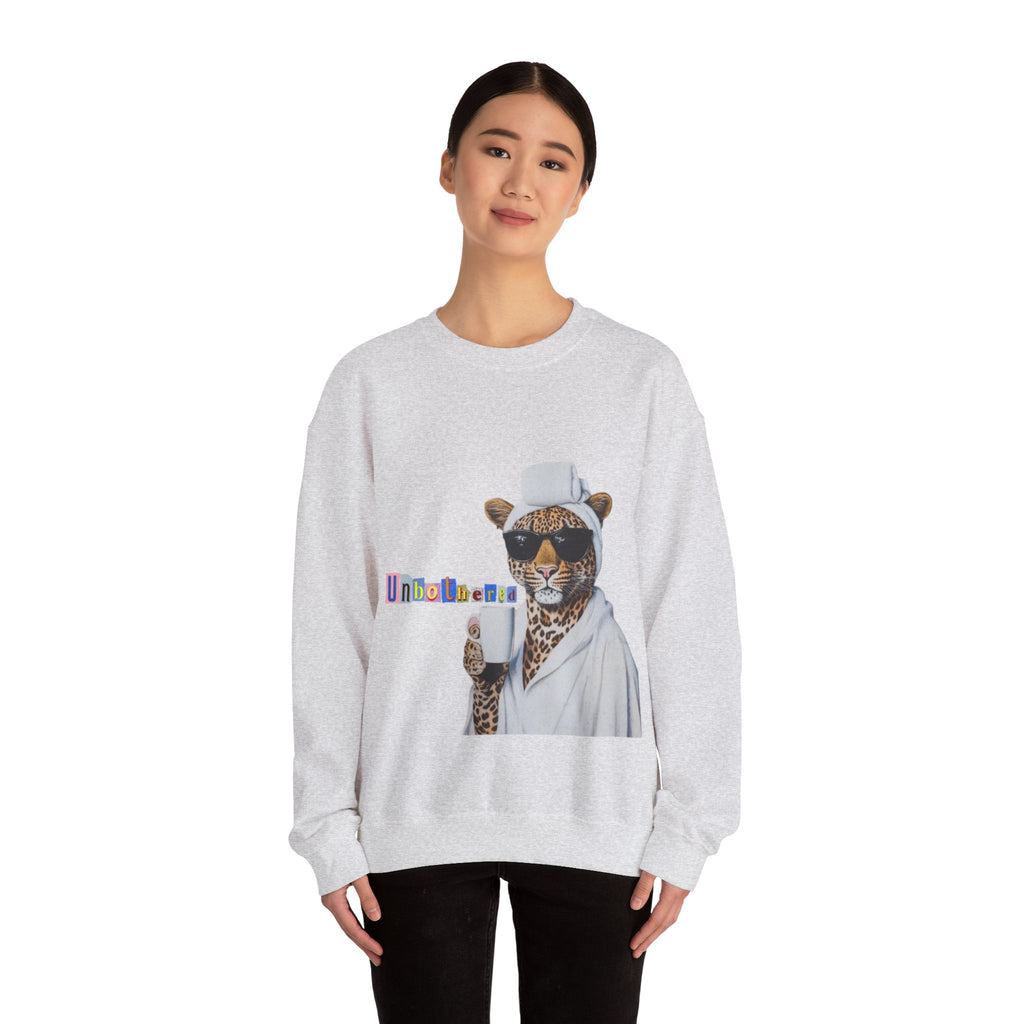 Leopard Spa Lounge with Coffee Crewneck Sweatshirt | Relaxed Animal Illustration