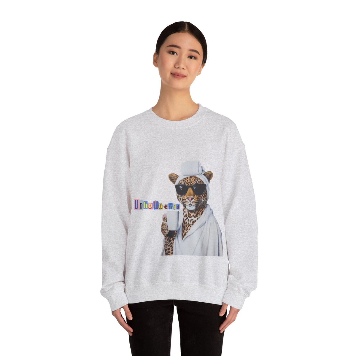Leopard Spa Lounge with Coffee Crewneck Sweatshirt | Relaxed Animal Illustration
