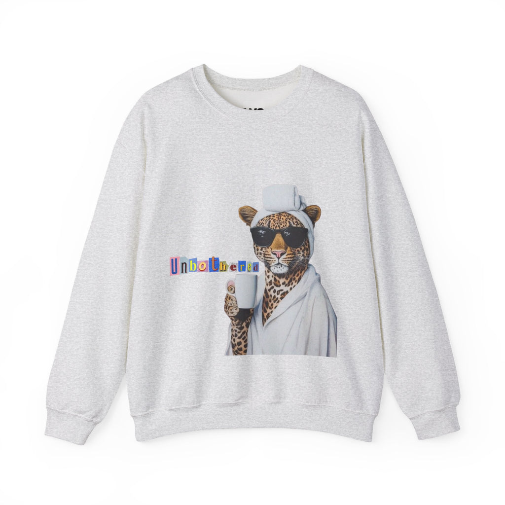 Leopard Spa Lounge with Coffee Crewneck Sweatshirt | Relaxed Animal Illustration