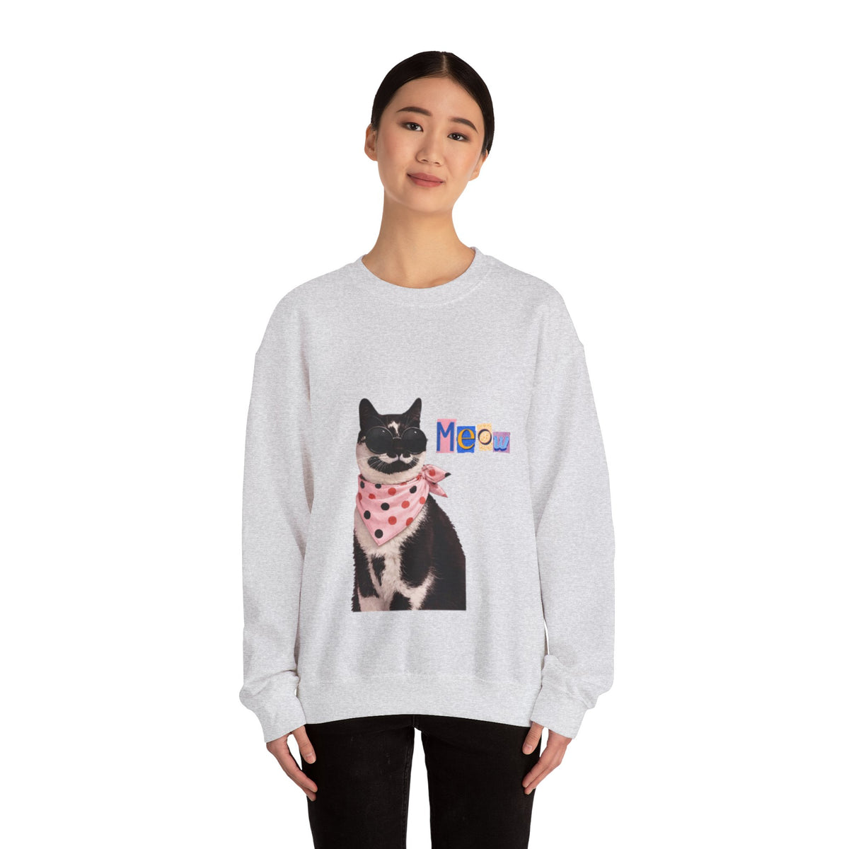 Cute Black Cat with Polka Dot Bandana Sweatshirt | 'Meow' Graphic