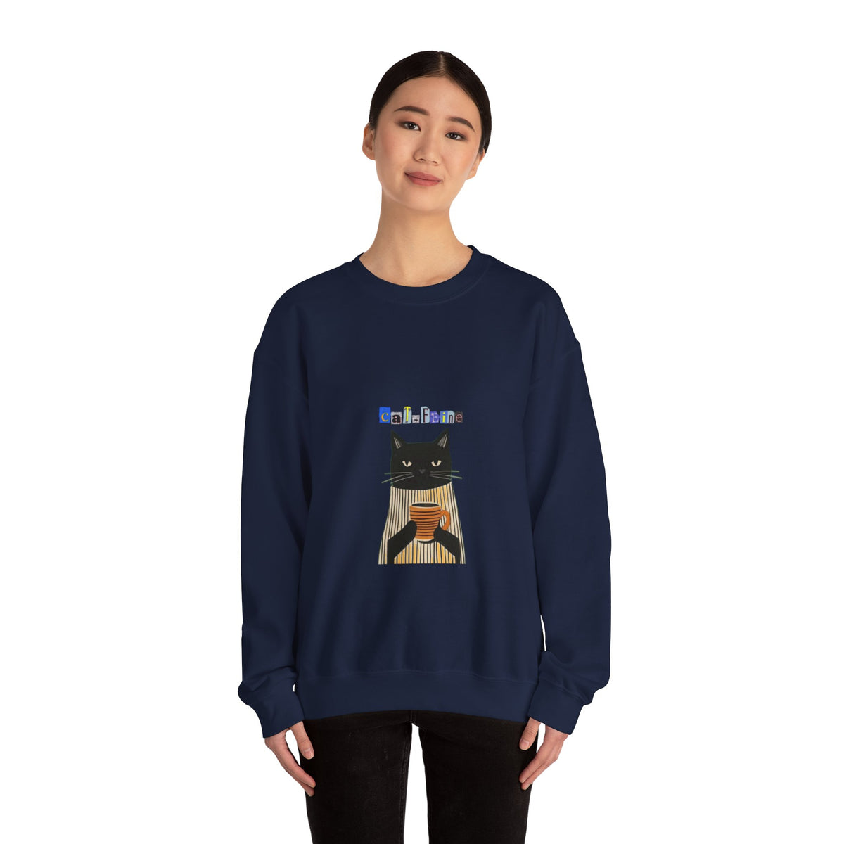 Black Cat Holding Coffee Crewneck Sweatshirt | Cozy Cat Illustration