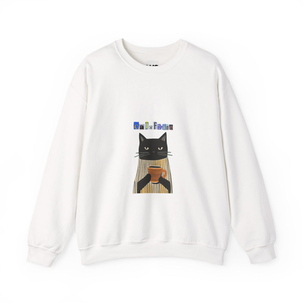 Black Cat Holding Coffee Crewneck Sweatshirt | Cozy Cat Illustration