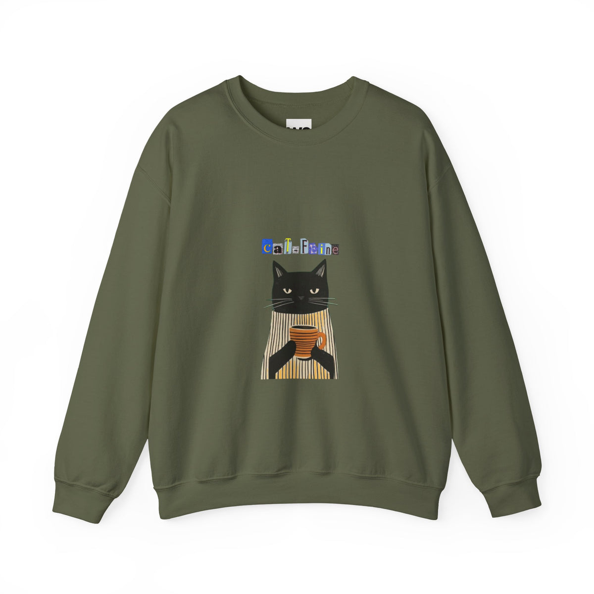 Black Cat Holding Coffee Crewneck Sweatshirt | Cozy Cat Illustration