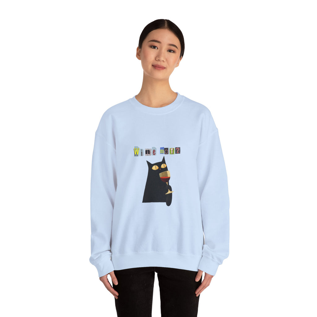 Black Cat Holding Wine Glass Crewneck Sweatshirt | Cute Cat Illustration