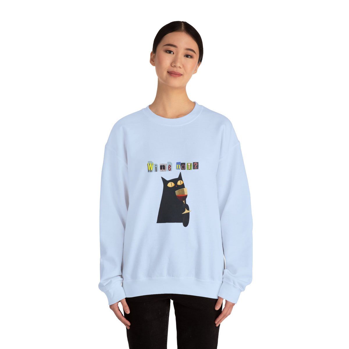 Black Cat Holding Wine Glass Crewneck Sweatshirt | Cute Cat Illustration