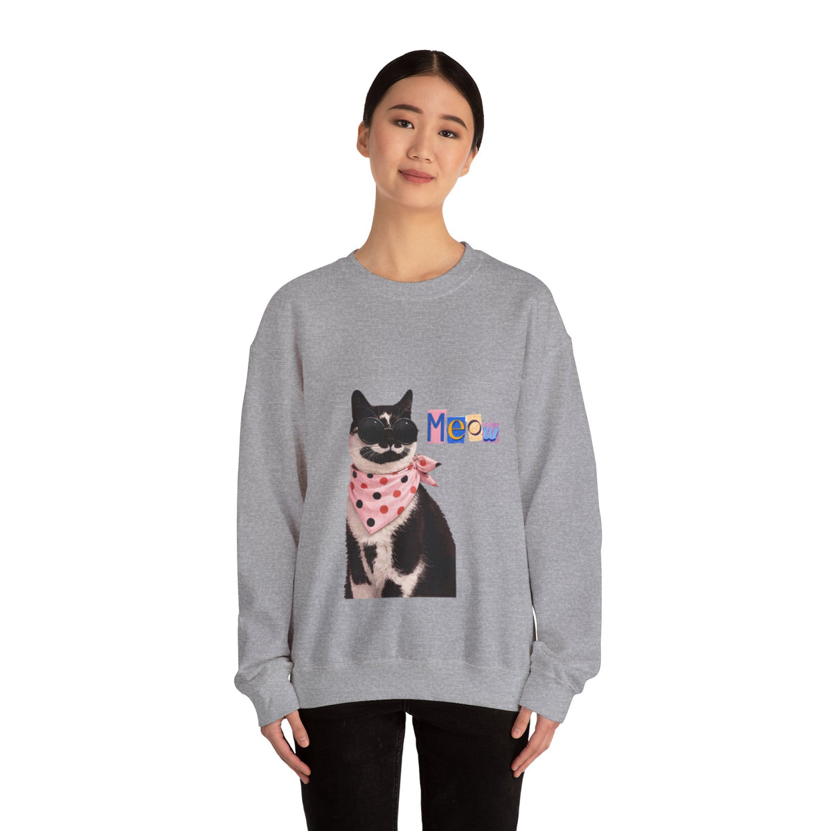 Cute Black Cat with Polka Dot Bandana Sweatshirt | 'Meow' Graphic