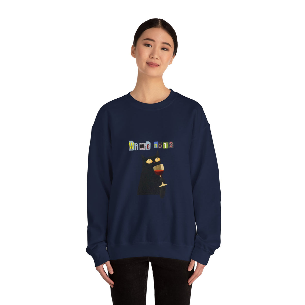 Black Cat Holding Wine Glass Crewneck Sweatshirt | Cute Cat Illustration