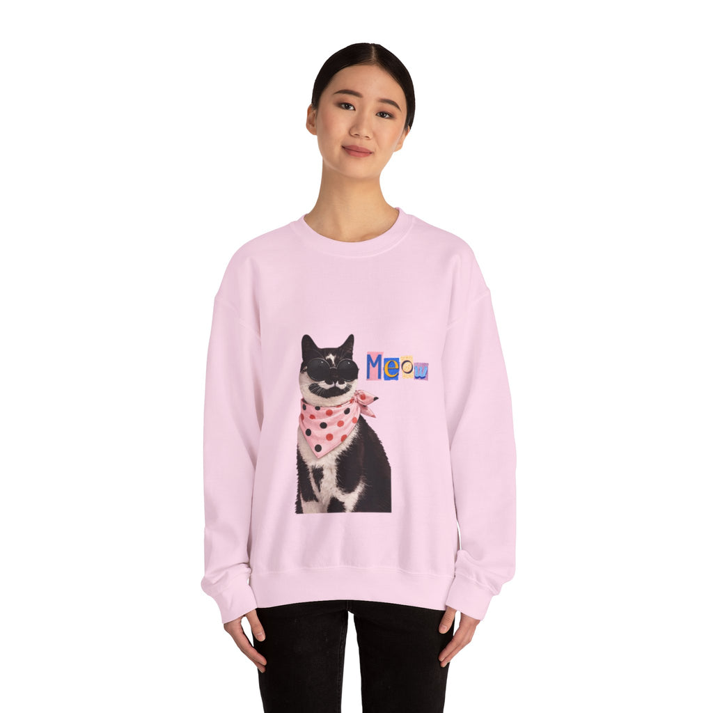 Cute Black Cat with Polka Dot Bandana Sweatshirt | 'Meow' Graphic