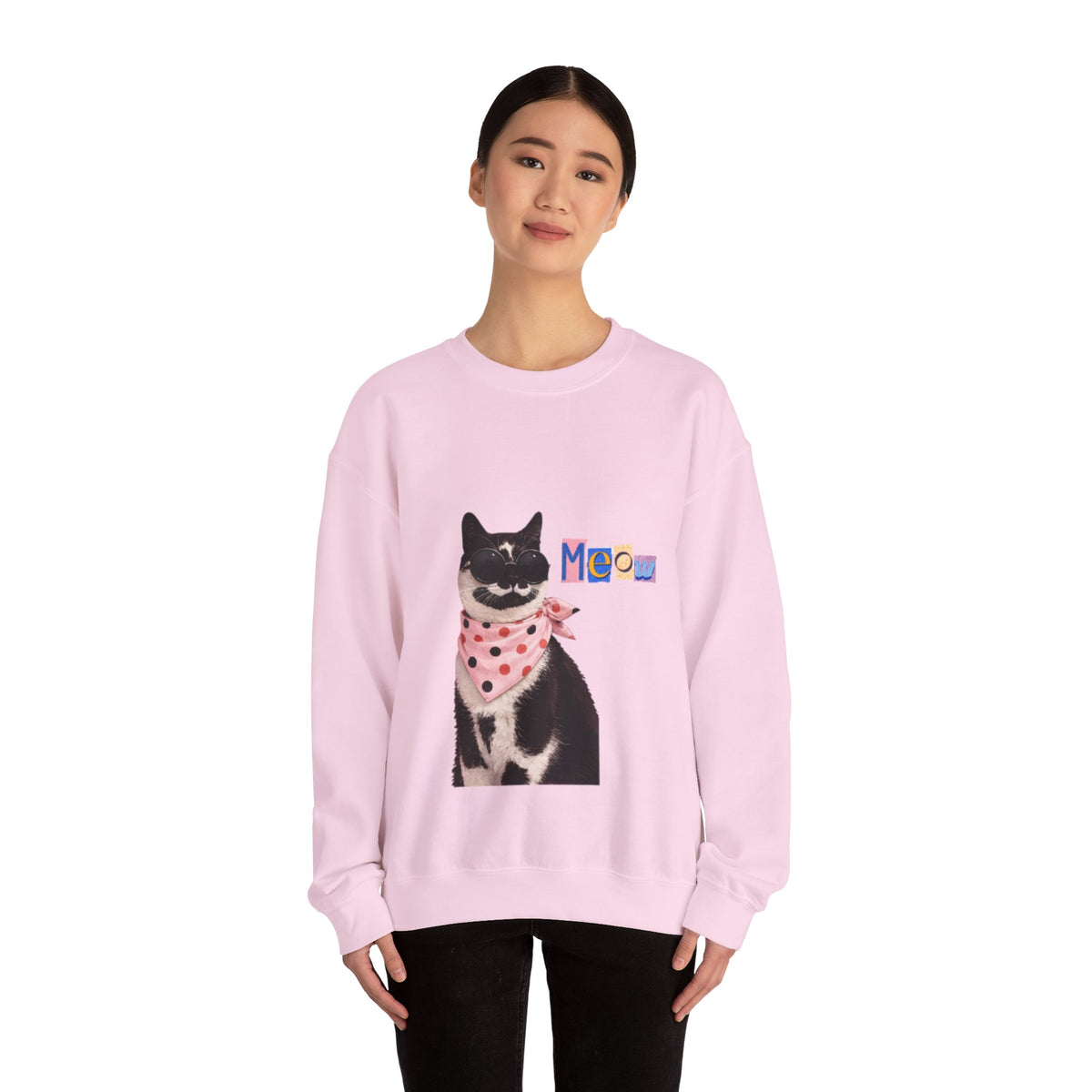 Cute Black Cat with Polka Dot Bandana Sweatshirt | 'Meow' Graphic