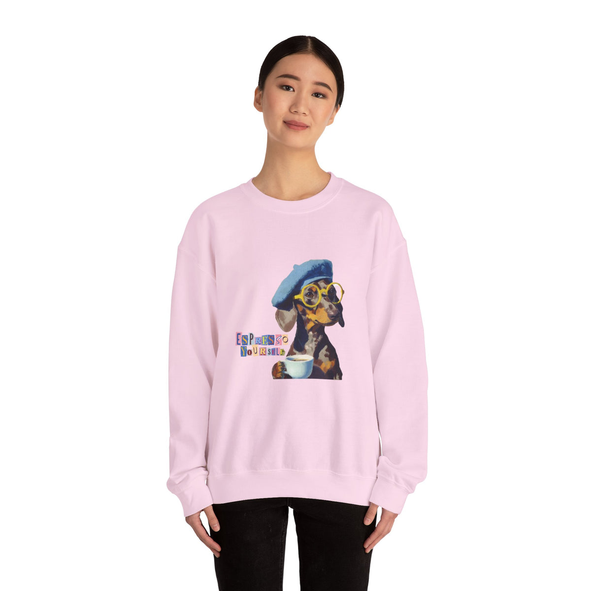 Dachshund in Beret and Sunglasses Sweatshirt | Espresso & Mornings Design