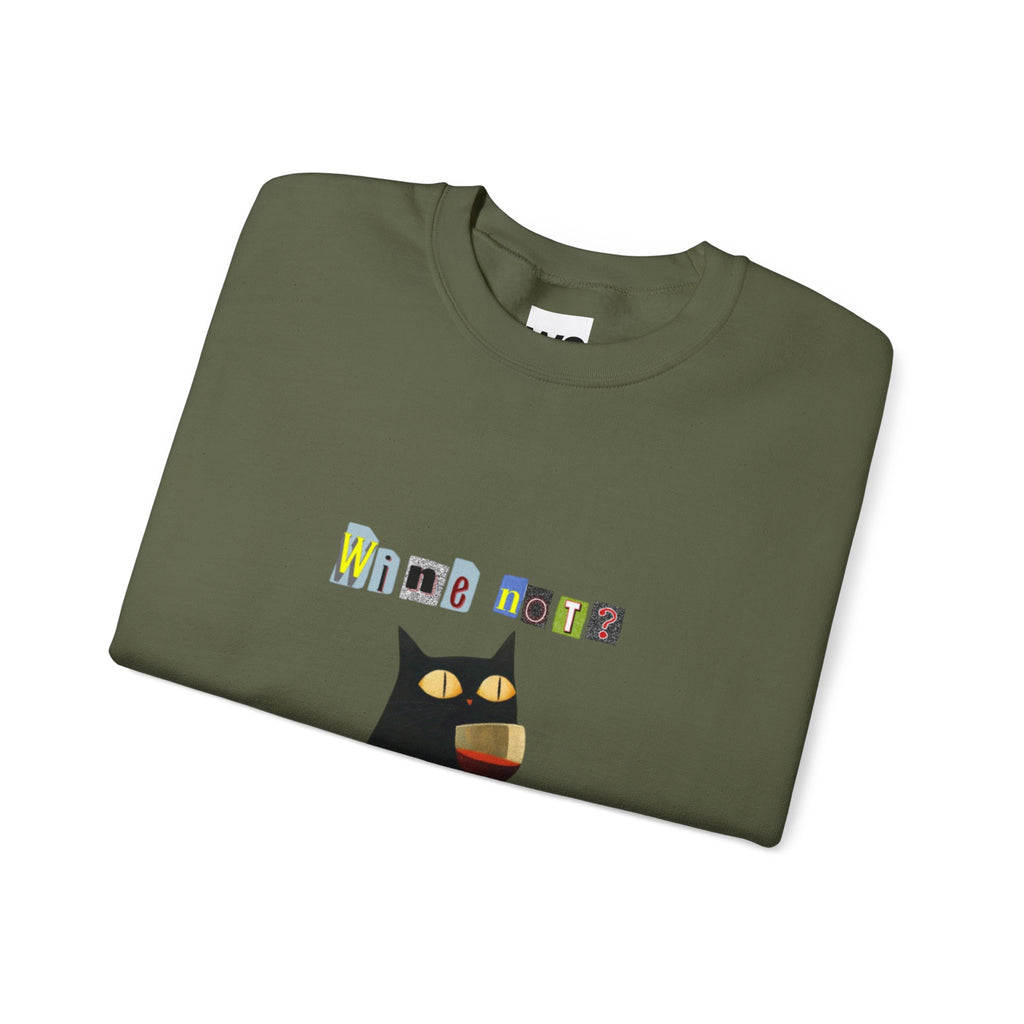Black Cat Holding Wine Glass Crewneck Sweatshirt | Cute Cat Illustration