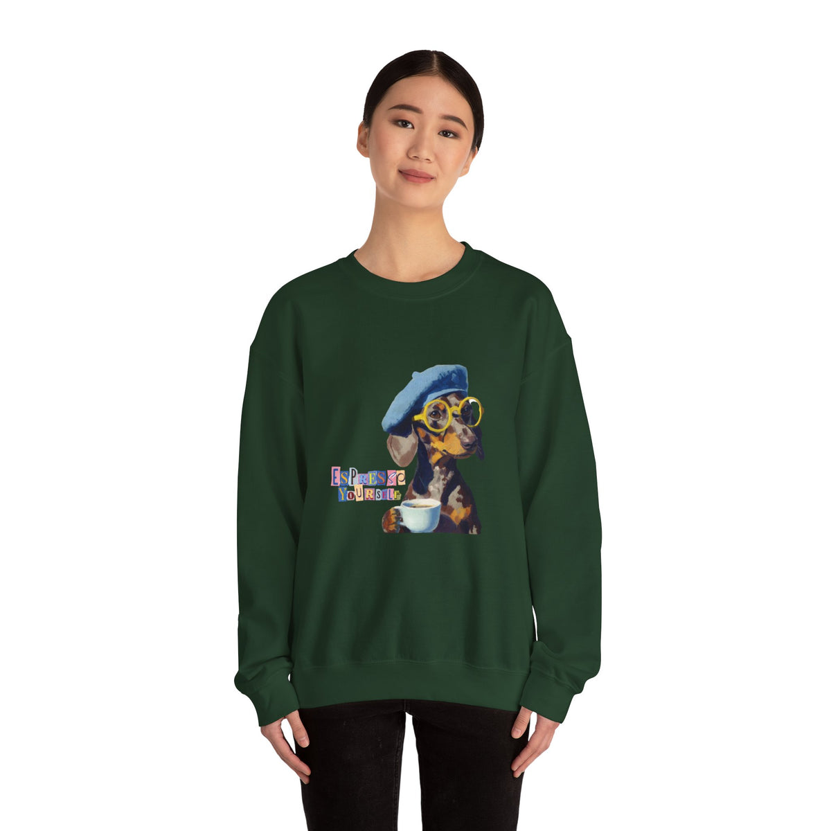 Dachshund in Beret and Sunglasses Sweatshirt | Espresso & Mornings Design