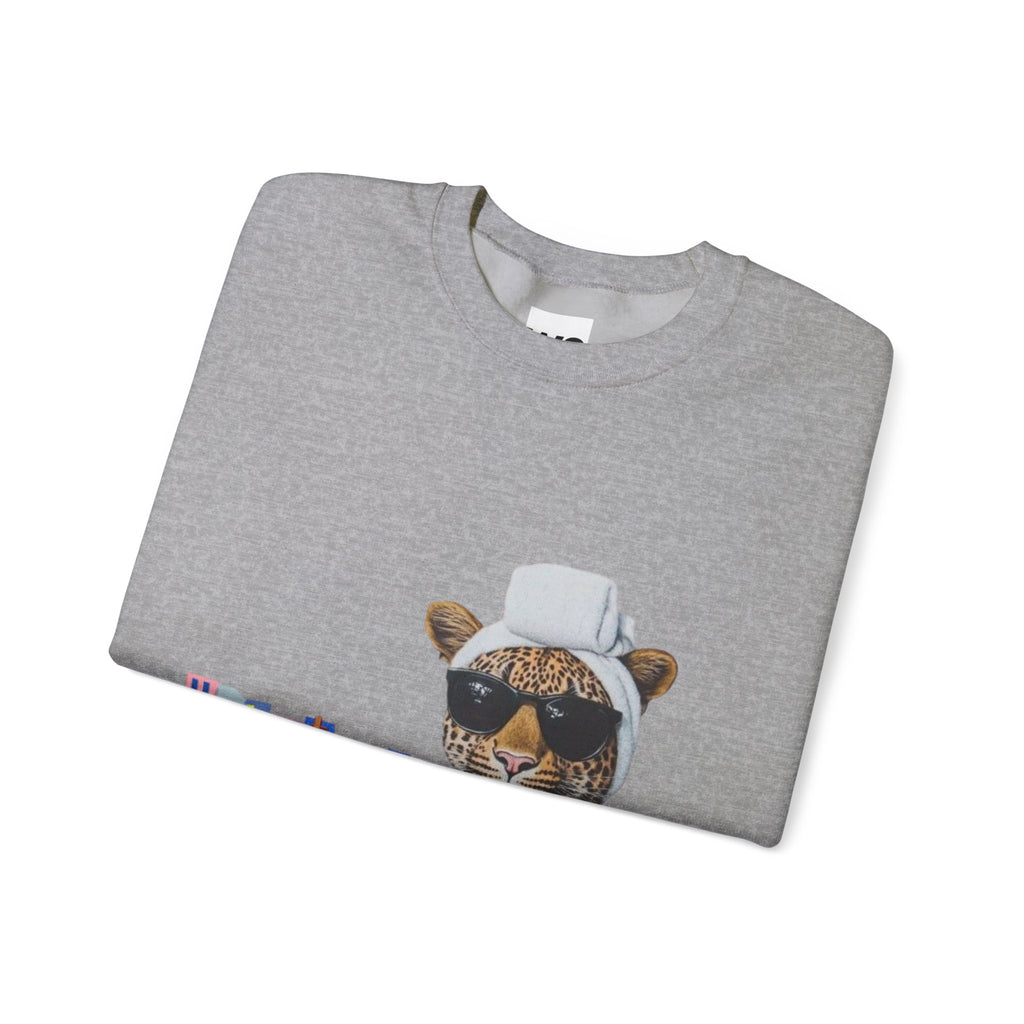 Leopard Spa Lounge with Coffee Crewneck Sweatshirt | Relaxed Animal Illustration