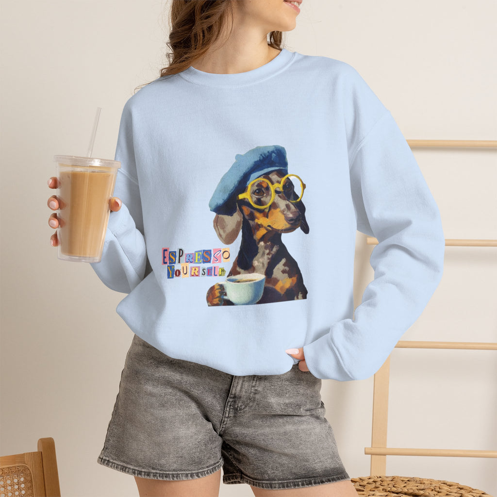 Dachshund in Beret and Sunglasses Sweatshirt | Espresso & Mornings Design