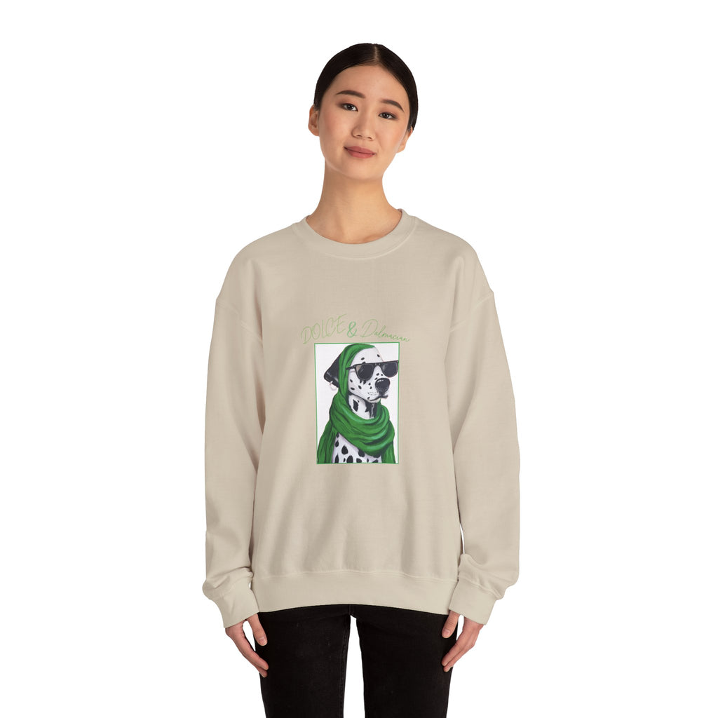 Dalmatian in Green Scarf sweatshirt | Dog Portrait, Winter Cozy