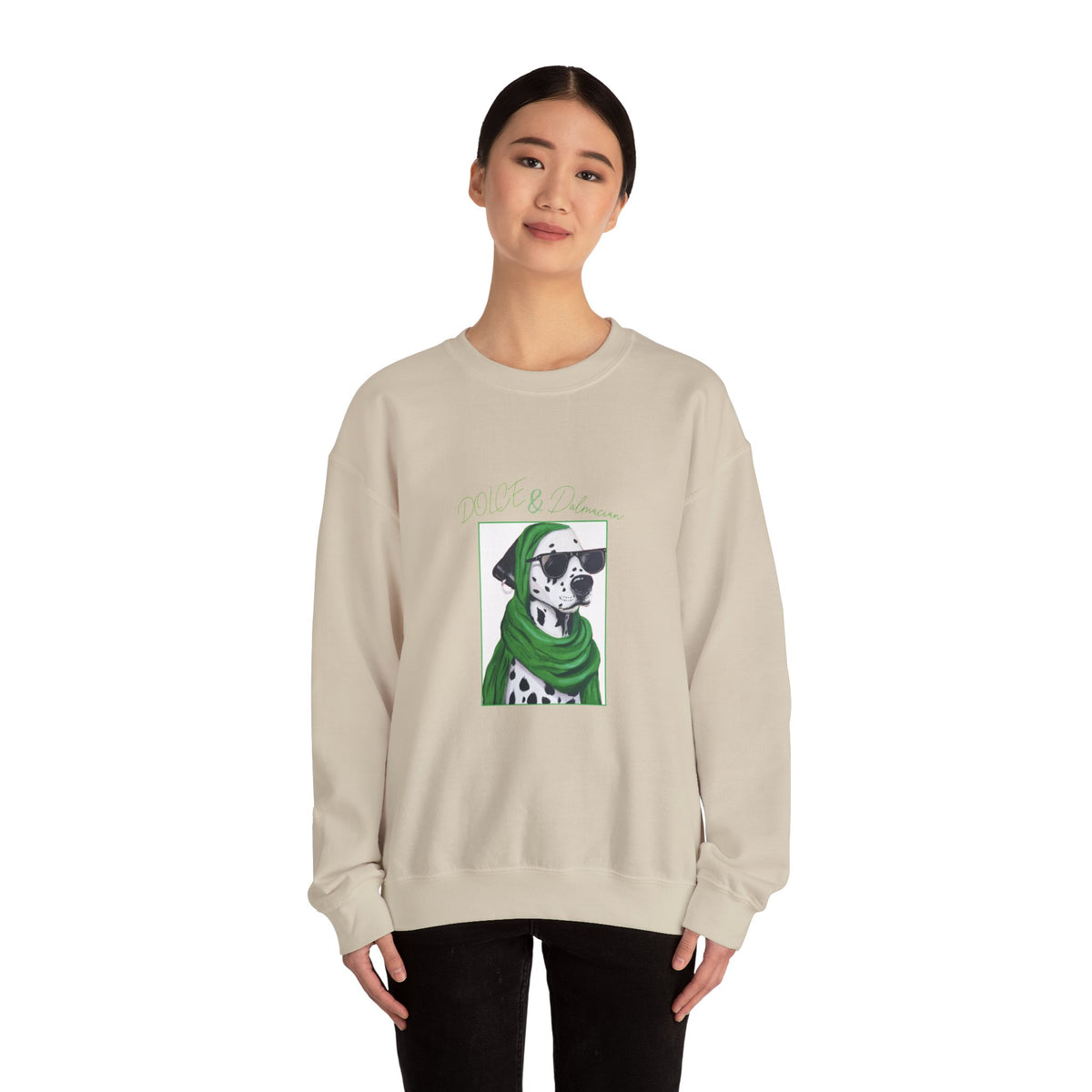 Dalmatian in Green Scarf sweatshirt | Dog Portrait, Winter Cozy