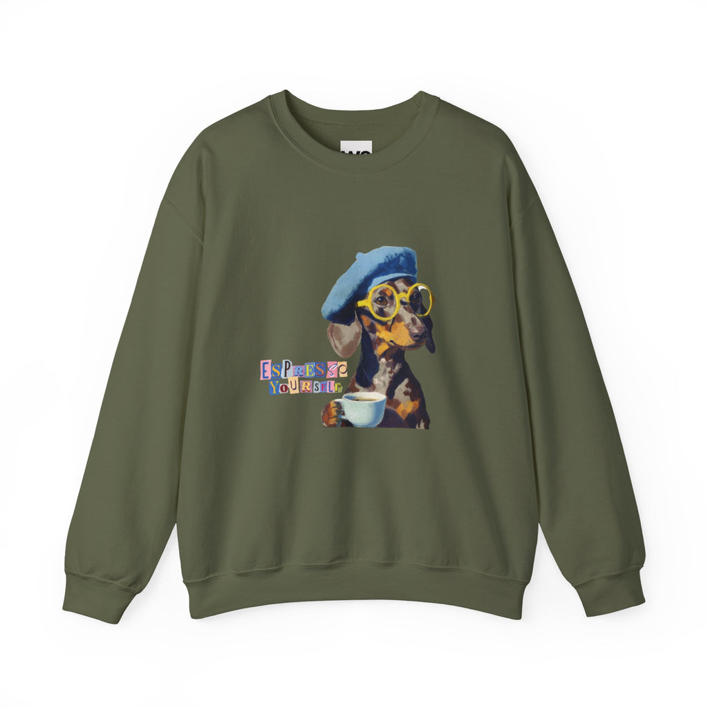 Dachshund in Beret and Sunglasses Sweatshirt | Espresso & Mornings Design