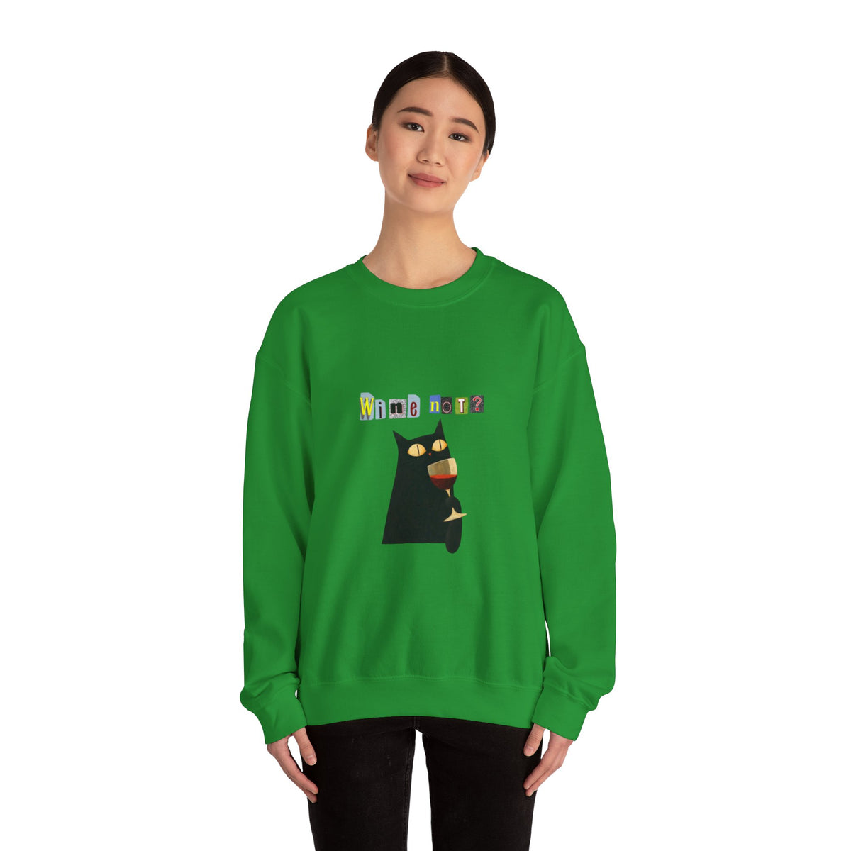 Black Cat Holding Wine Glass Crewneck Sweatshirt | Cute Cat Illustration
