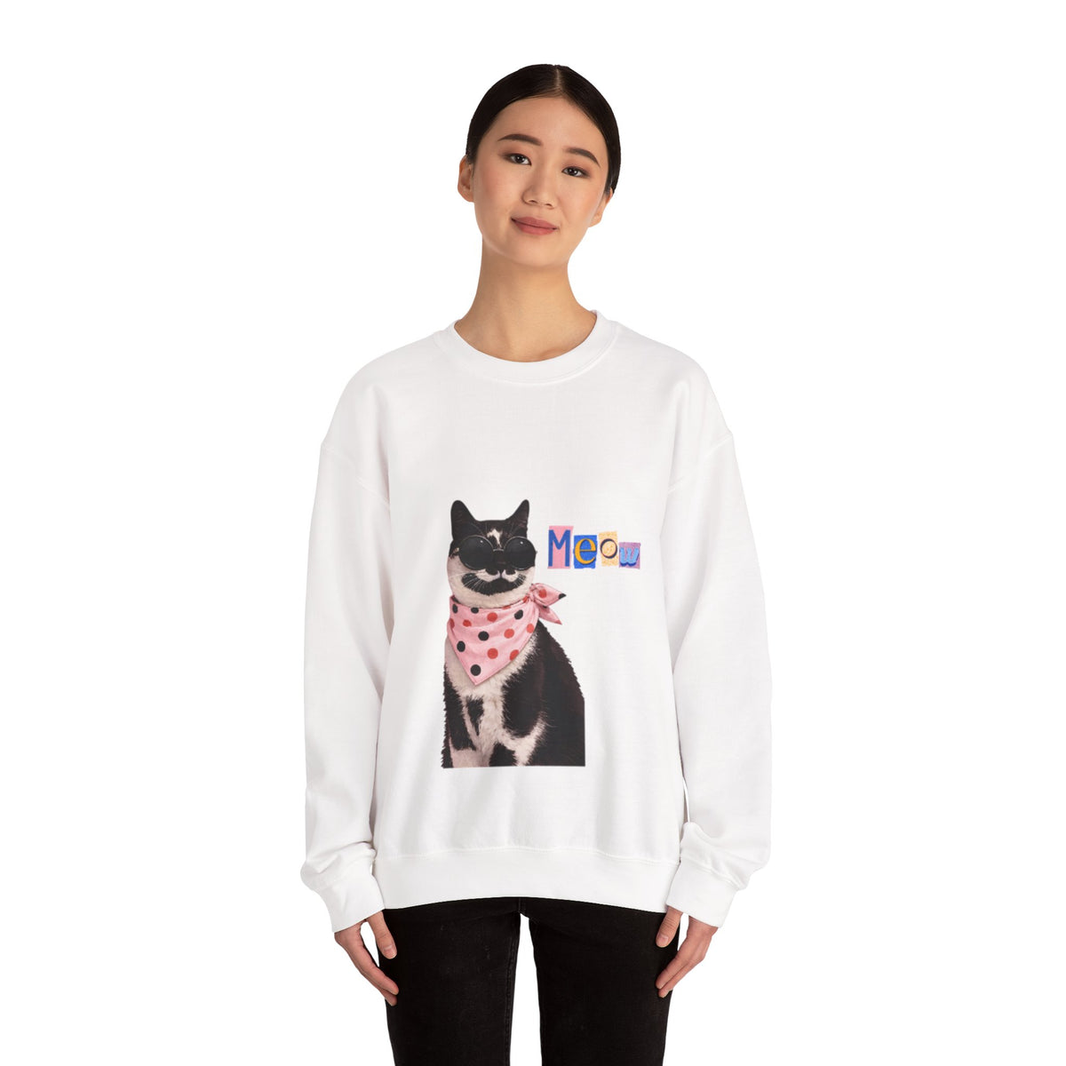 Cute Black Cat with Polka Dot Bandana Sweatshirt | 'Meow' Graphic