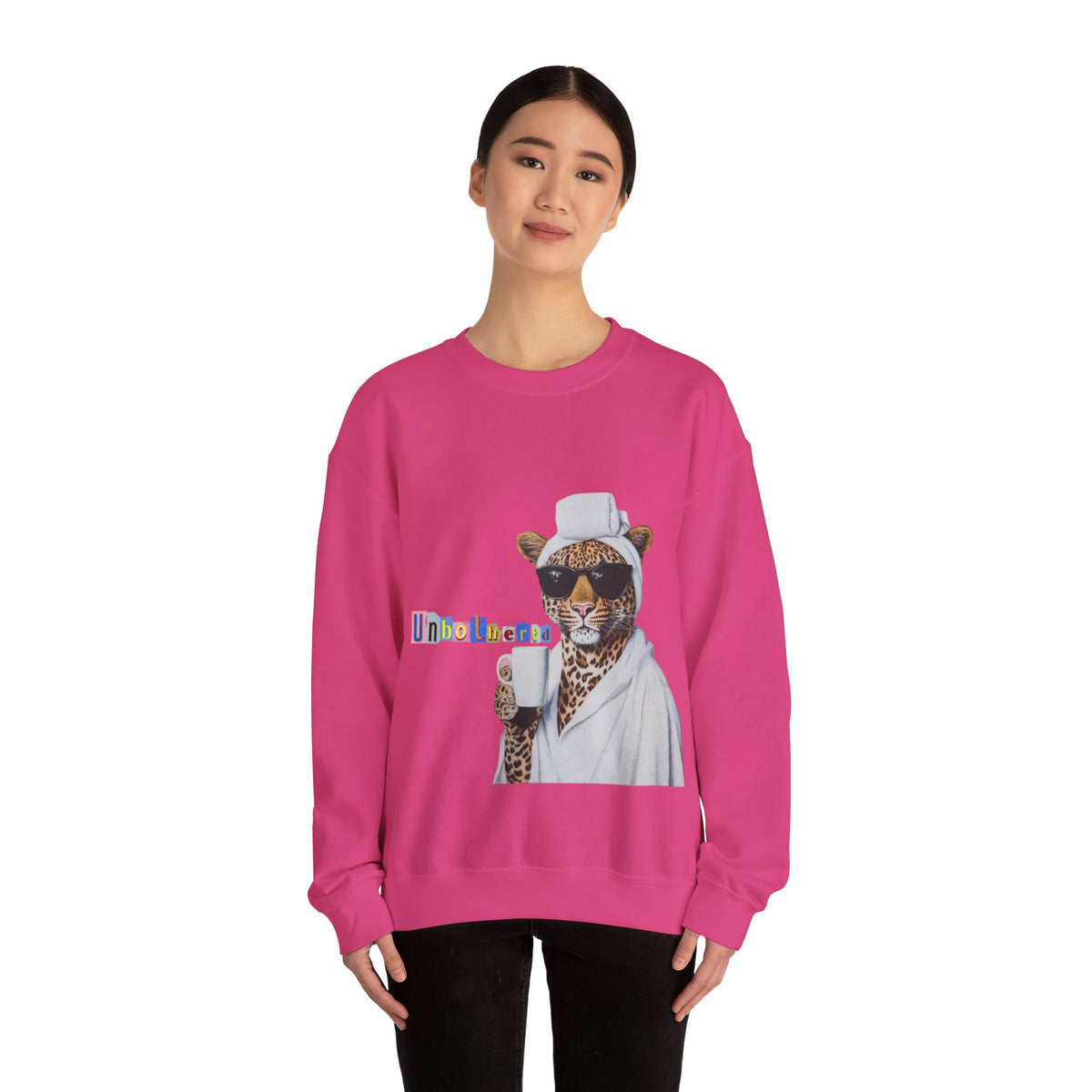 Leopard Spa Lounge with Coffee Crewneck Sweatshirt | Relaxed Animal Illustration